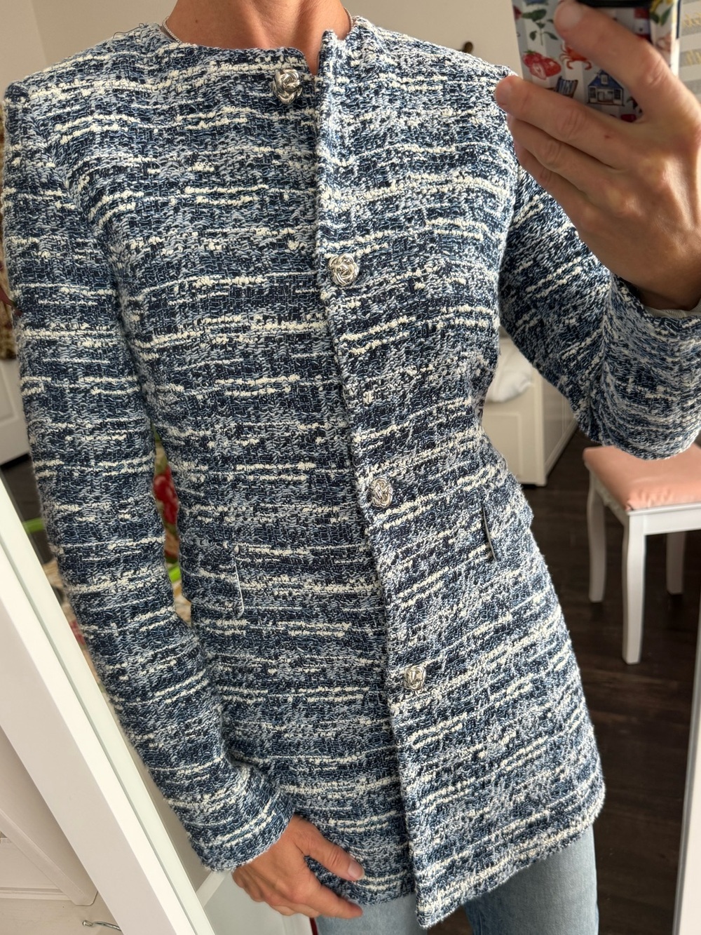 Zara Blue Tweed Bouclé Jacket Gold Knot Buttons Textured Blazer EU S